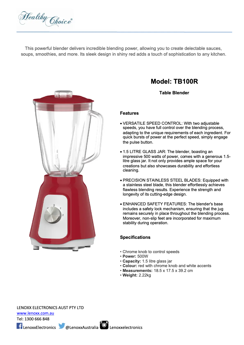 Page n°1 - Fiche technique Healthy Choice TB100R