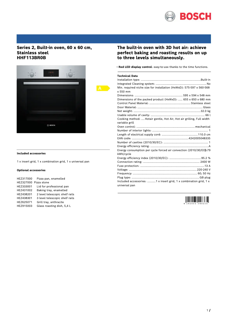 Page 1 de la notice Fiche technique Bosch Serie 2 HHF113BR0B