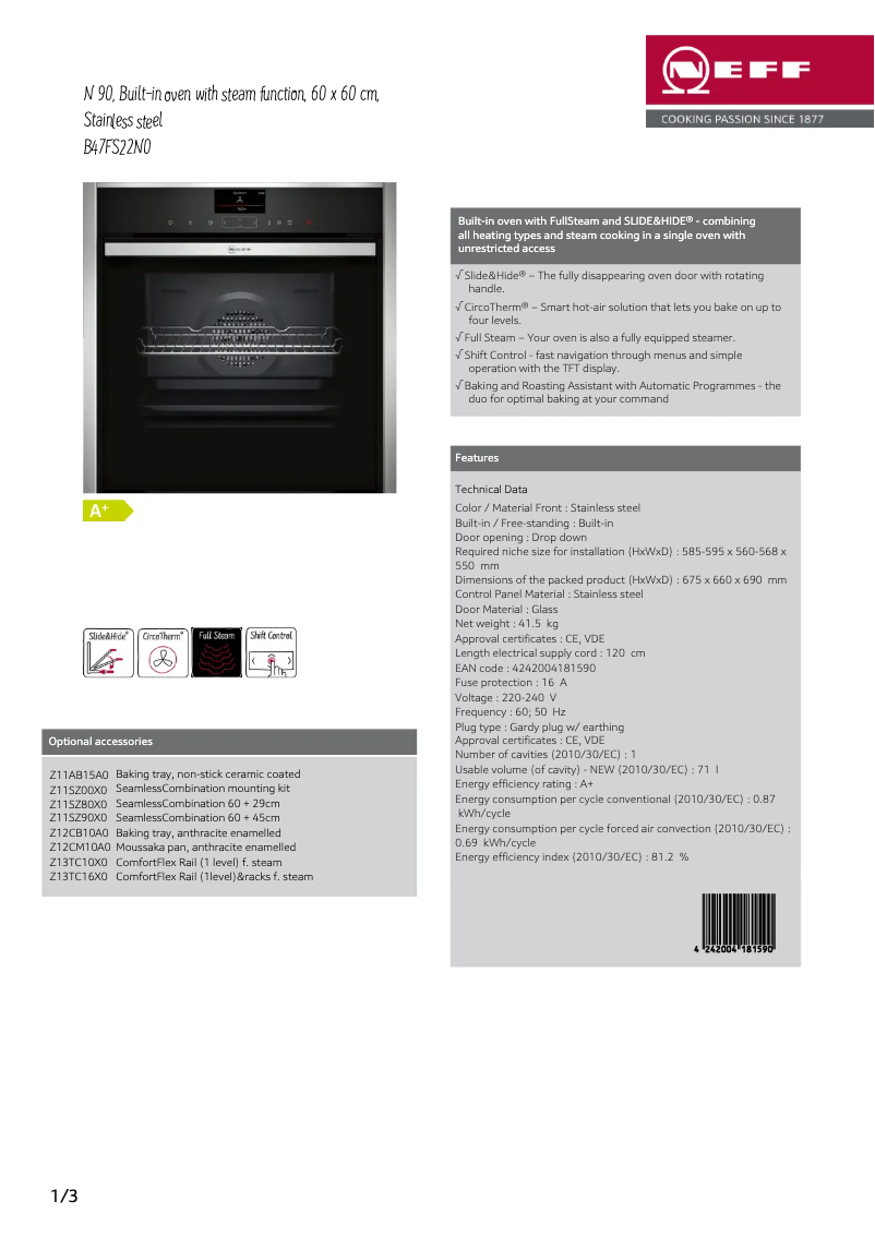Page 1 de la notice Fiche technique Neff B47FS22N0