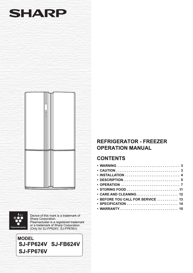 Page 1 de la notice Manuel utilisateur Sharp SJ-FP676V