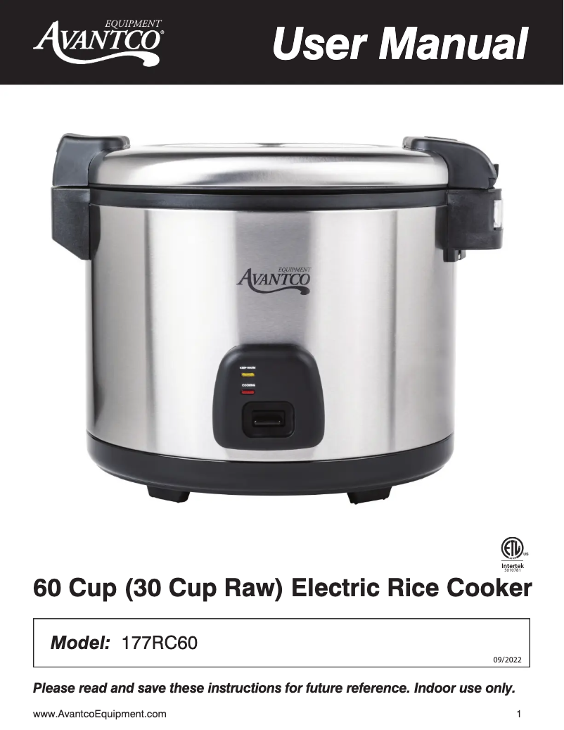 Page 1 de la notice Manuel utilisateur Avantco RC60