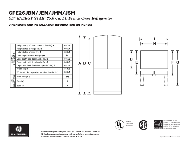Page 1 de la notice Fiche technique GE GFE26JSMSS