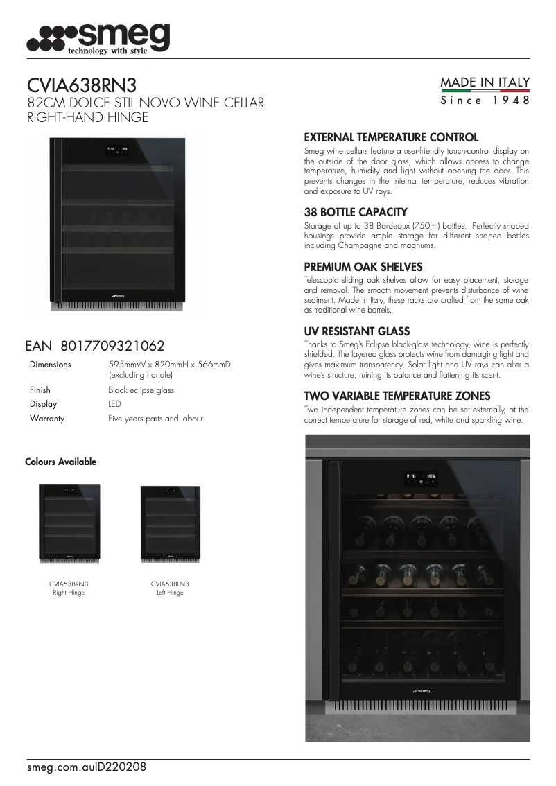 Page 1 de la notice Fiche technique Smeg CVIA638RN3