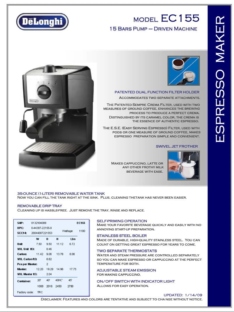 Page n°1 - Fiche technique DeLonghi EC155