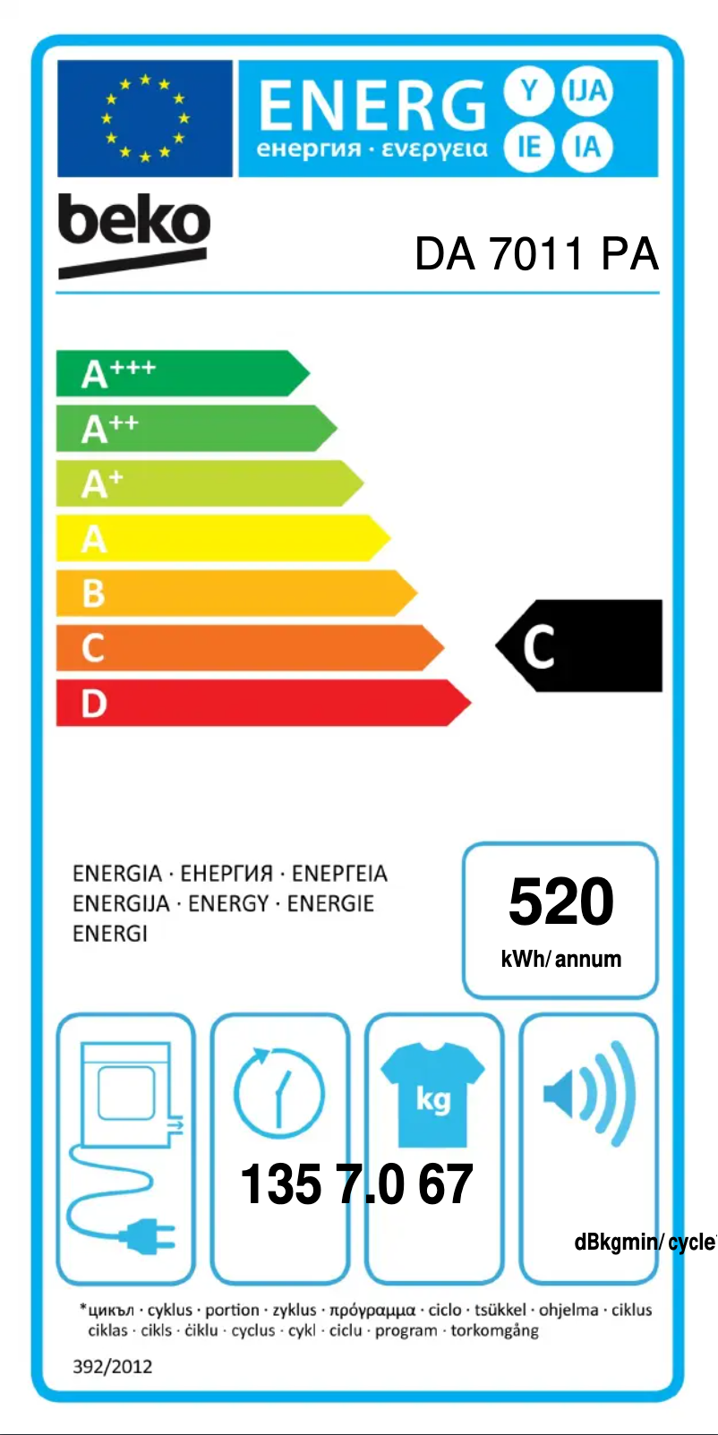 Page 1 de la notice Label énergétique Beko DA 7011 PA