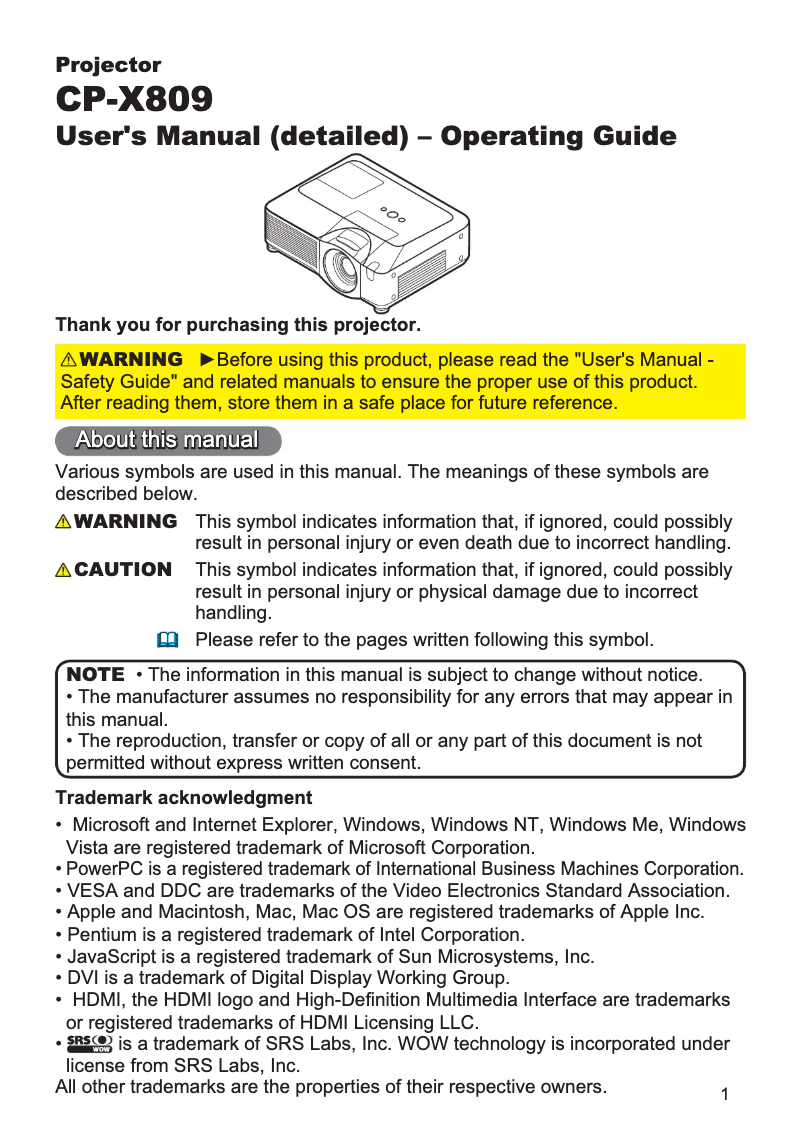 Image de la première page du manuel de l'appareil CP-X809W