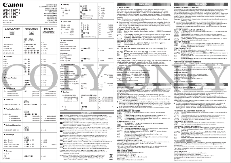 Page 1 de la notice Manuel utilisateur Canon WS-1610T