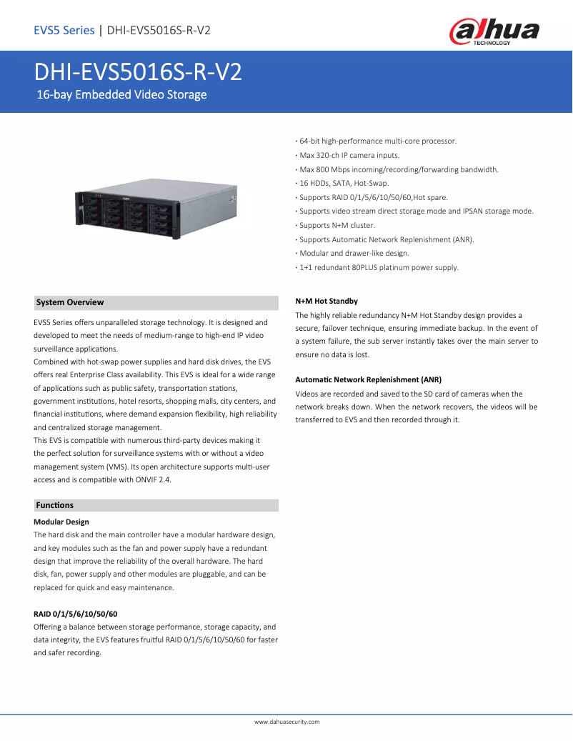 Page 1 de la notice Fiche technique Dahua Technology EVS5016S-R-V2