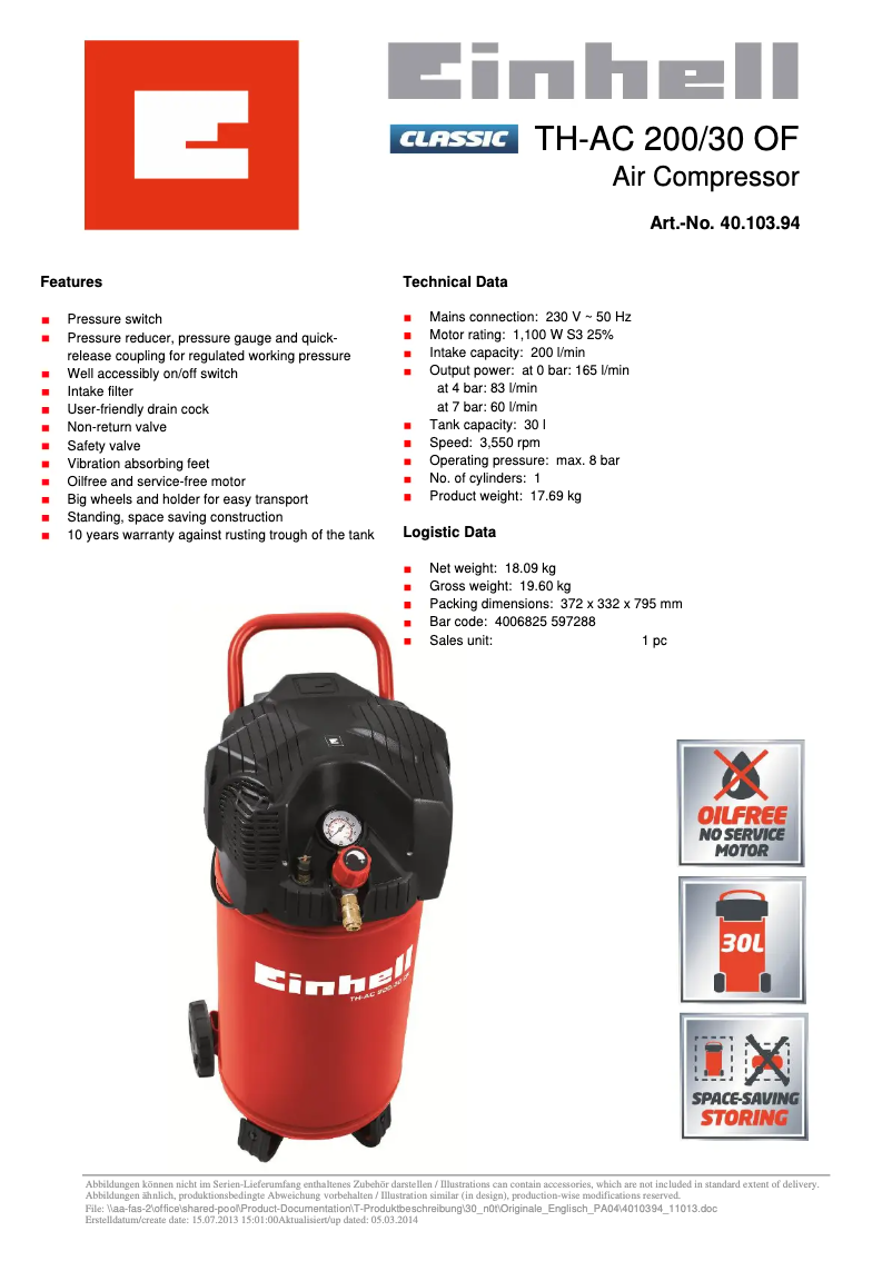 Page n°1 - Fiche technique Einhell TH-AC 200/30 OF