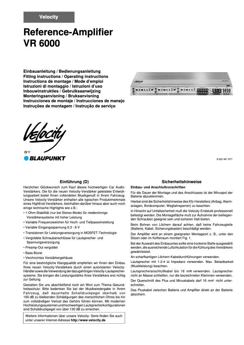 Page 1 de la notice Manuel utilisateur Blaupunkt Velocity VR 6000