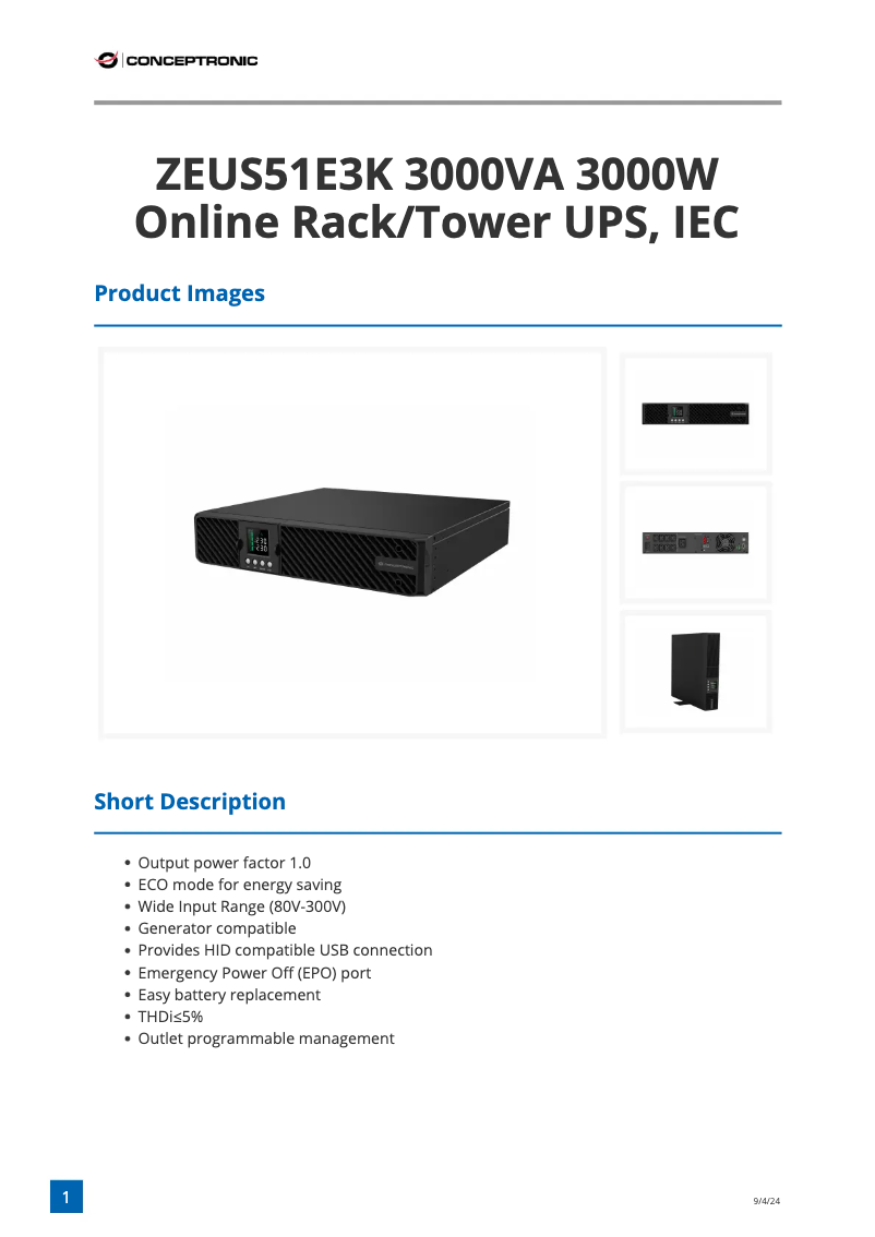 Page 1 de la notice Fiche technique Equip ZEUS51E