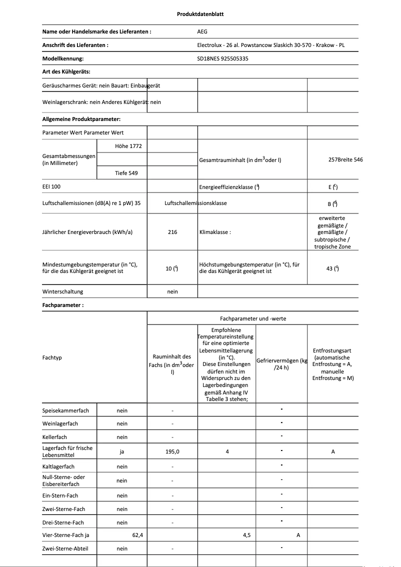 Page n°1 - Fiche technique AEG SD18NES