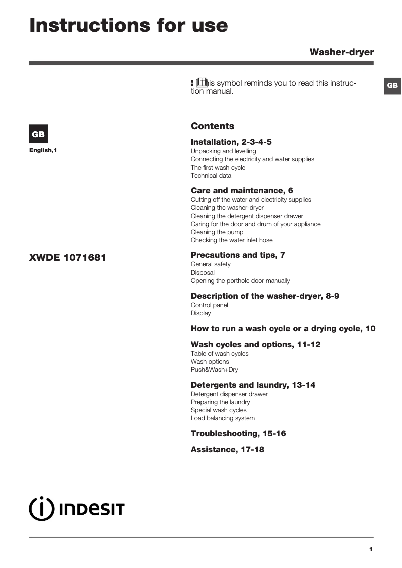 Page n°1 - Mode d'emploi Indesit XWDE 1071681X W UK