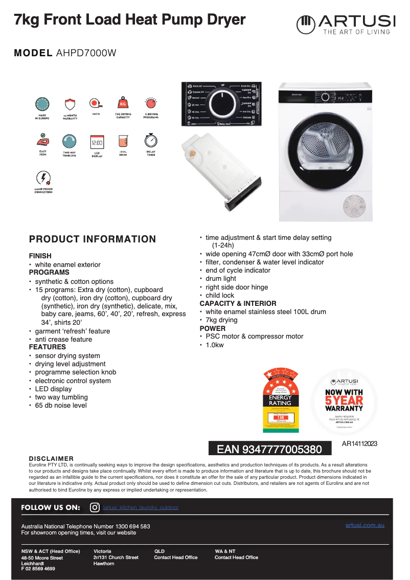 Page 1 de la notice Fiche technique Artusi AHPD7000W