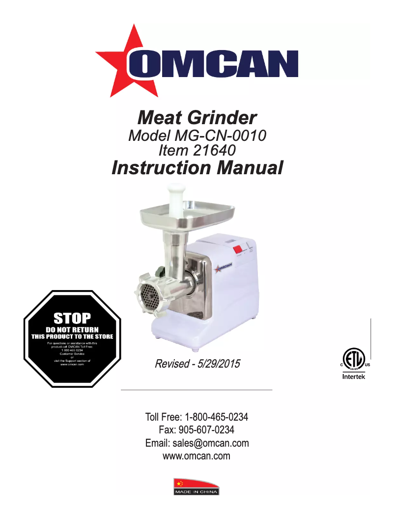 Page n°1 - Manuel utilisateur Omcan MG-CN-0010