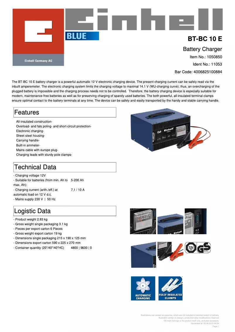 Page 1 of the manual Technical Sheet Einhell BT-BC 10 E