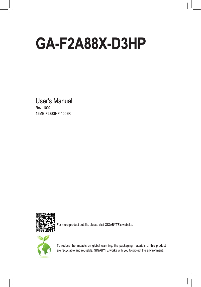Page 1 de la notice Manuel utilisateur Gigabyte GA-F2A88X-D3HP