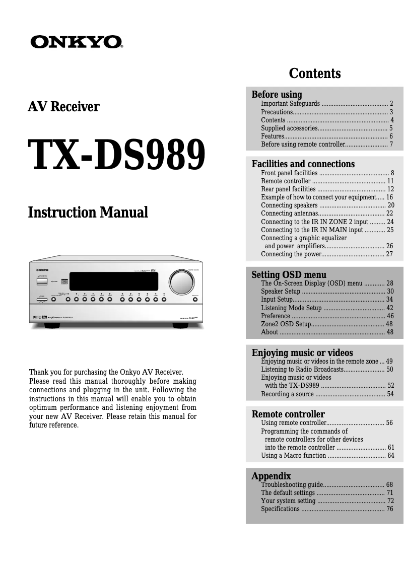 Page 1 de la notice Manuel utilisateur Onkyo TX-DS989