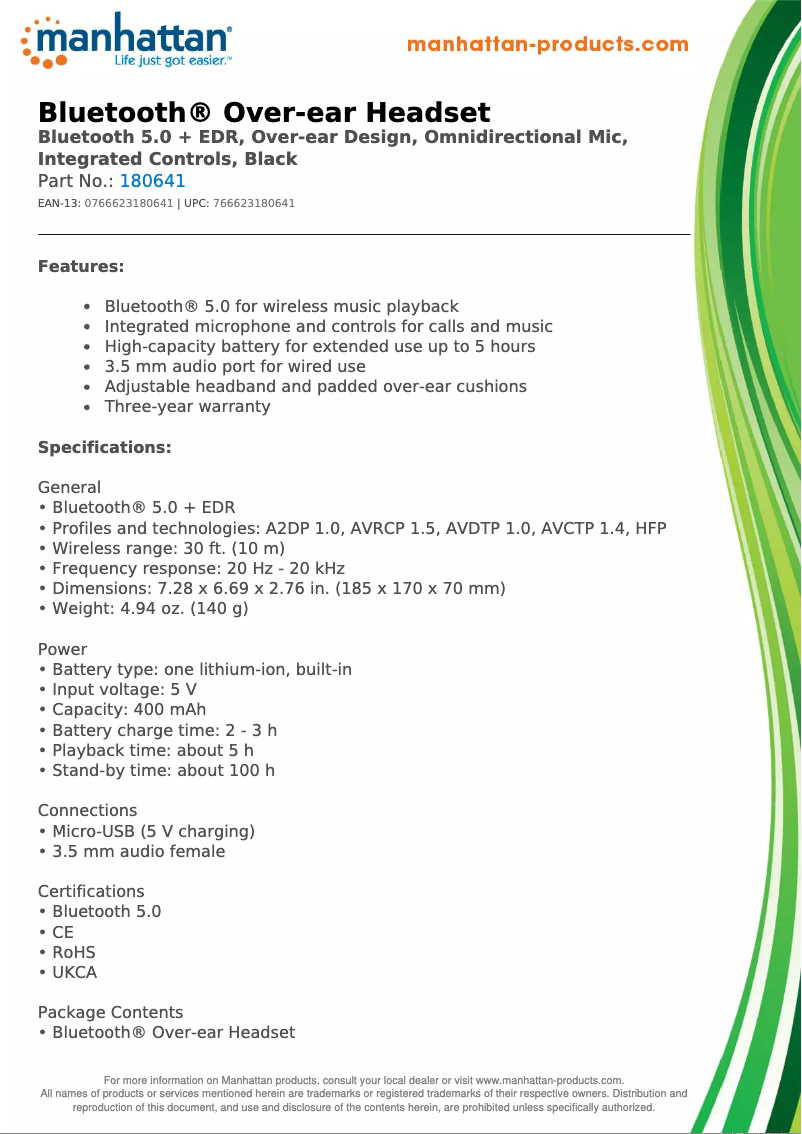 Page 1 de la notice Fiche technique Manhattan 180641