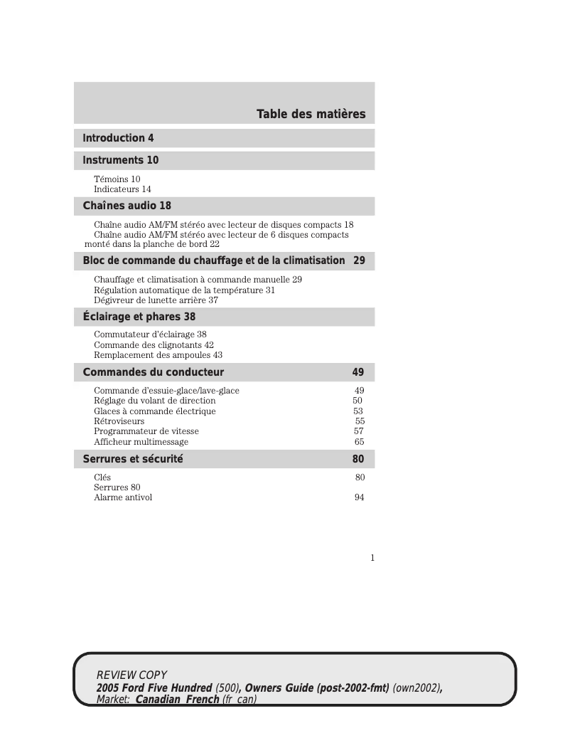 Page 1 de la notice Manuel utilisateur Ford Five Hundred (2005)