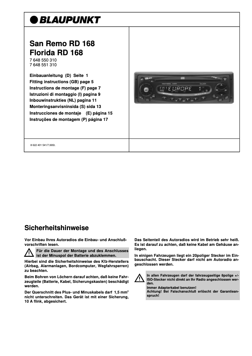 Page 1 de la notice Manuel utilisateur Blaupunkt San Remo RD 168