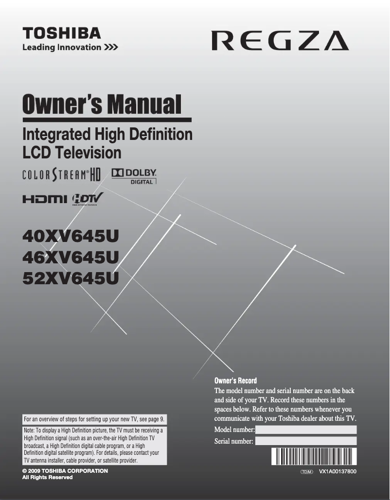 Page 1 de la notice Manuel utilisateur Toshiba Regza 40XV645U