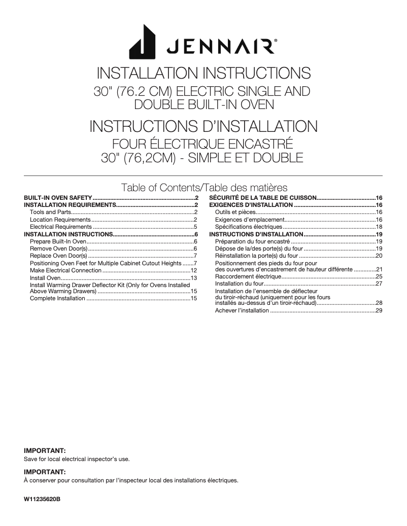 Page 1 de la notice Guide d'installation JennAir JJW3430IM