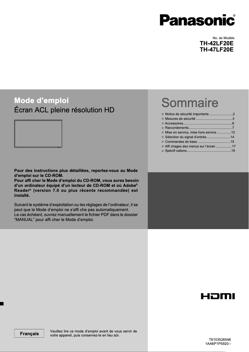 Page 1 de la notice Guide de démarrage rapide Panasonic TH-47LF20E