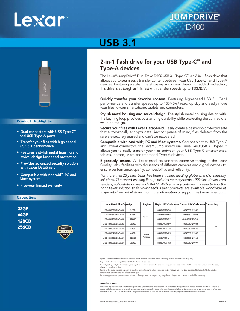 Page n°1 - Manuel utilisateur Lexar JumpDrive D400