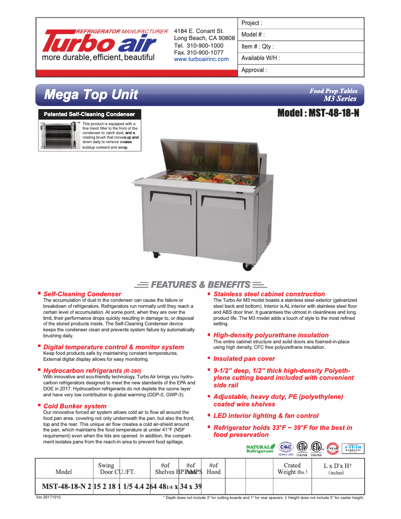 Page 1 de la notice Fiche technique Turbo air MST-48-18
