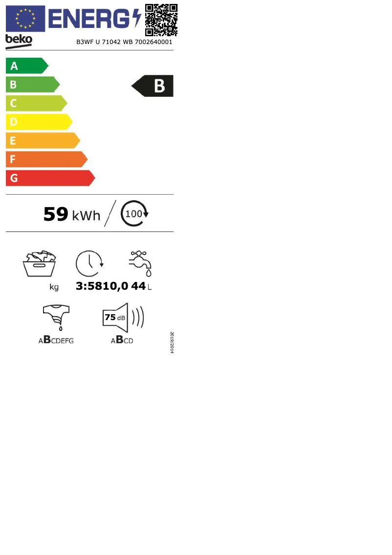 Page 1 de la notice Label énergétique Beko B3WF U 71042 WB