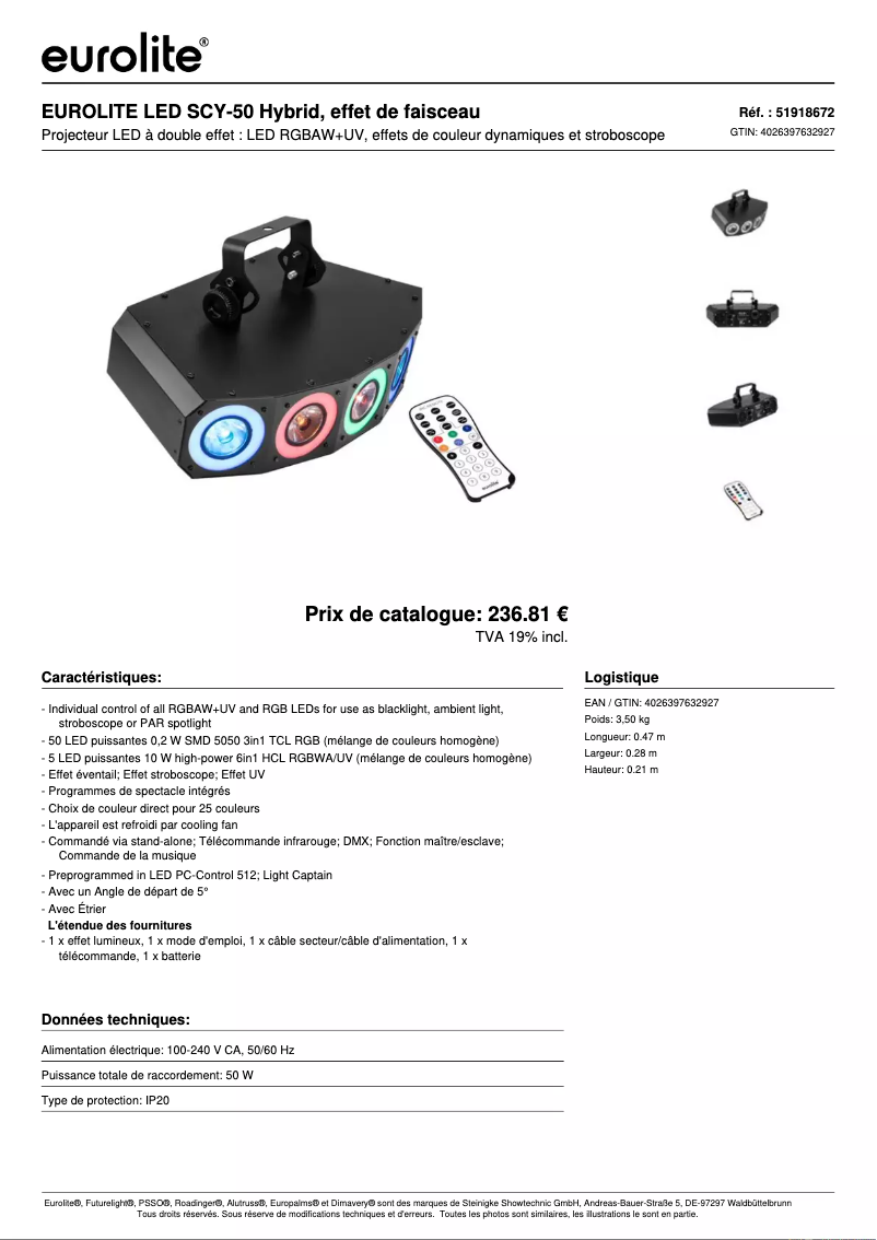 Page 1 de la notice Fiche technique Eurolite LED SCY-50