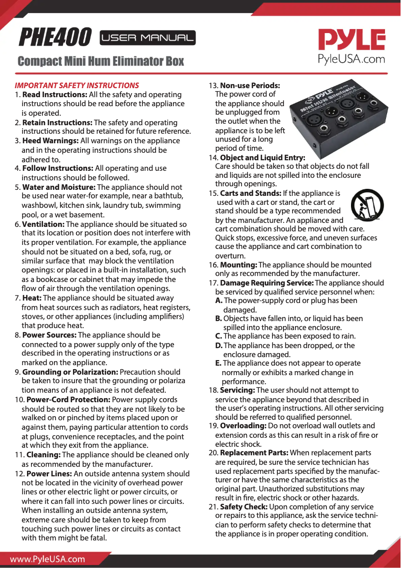 Page 1 de la notice Manuel utilisateur Pyle PHE400
