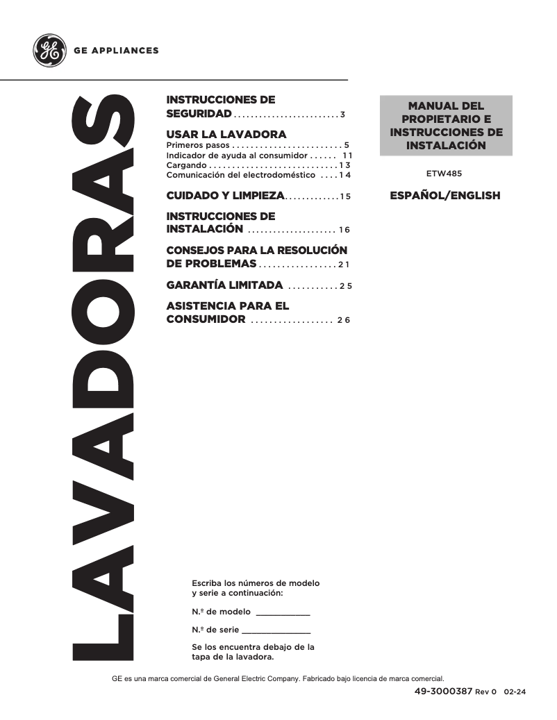 Page 1 de la notice Manuel utilisateur GE ETW485ASWWB