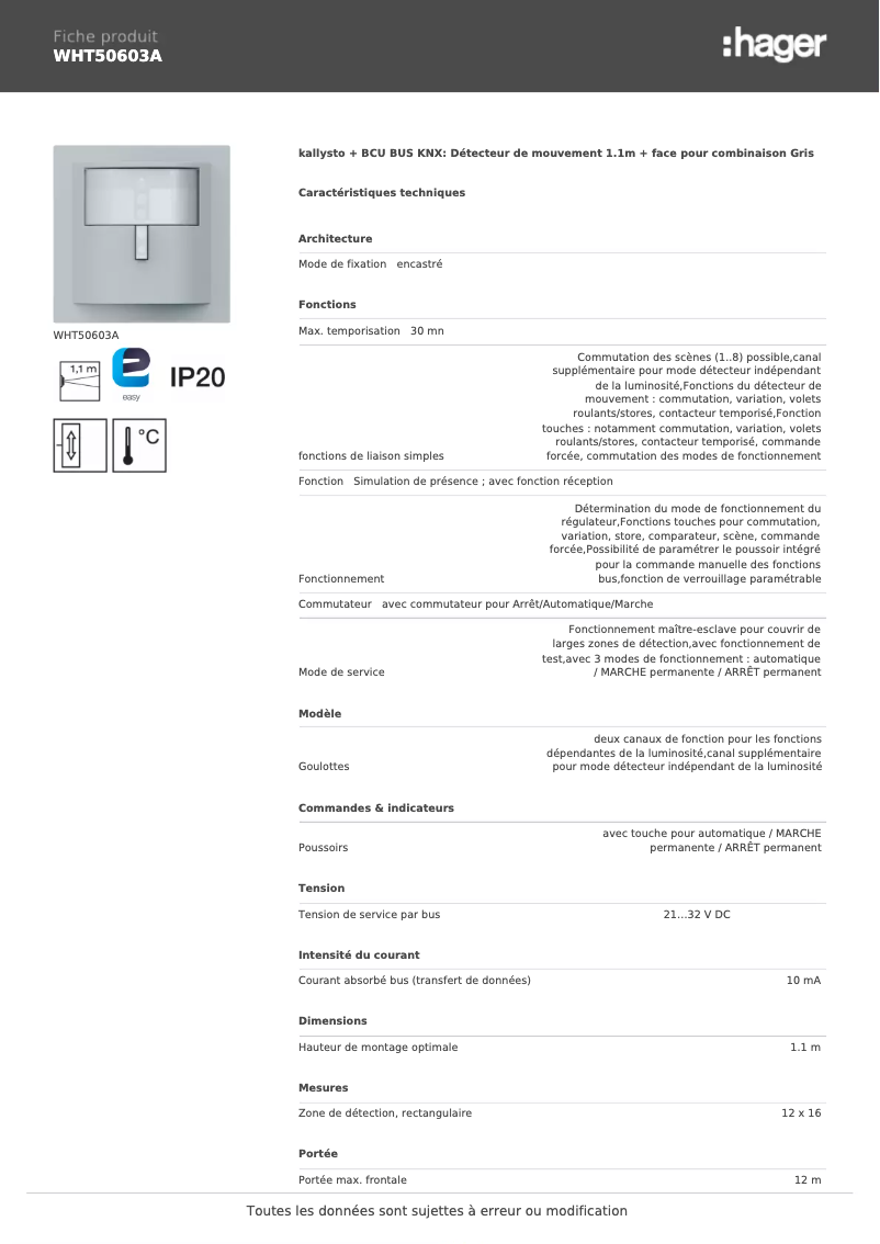 Page 1 de la notice Fiche technique Hager WHT50603A