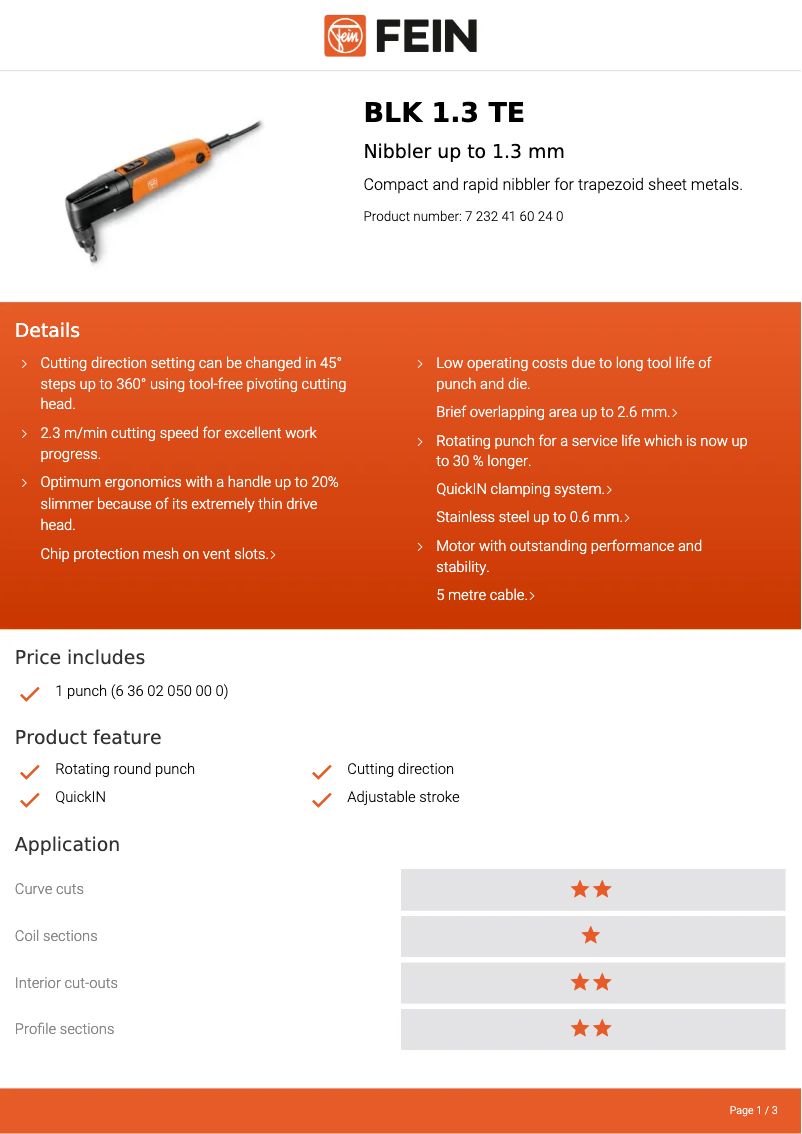 Page 1 de la notice Fiche technique Fein BLK 1.3 TE