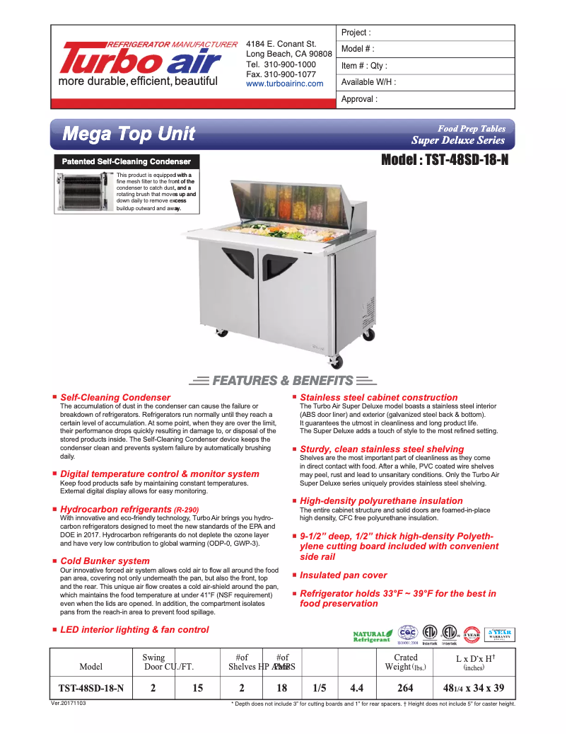 Página 1 del manual Ficha técnica Turbo air TST-48SD-18