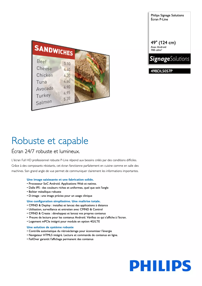 Page 1 de la notice Fiche technique Philips Signage Solutions 49BDL5057P