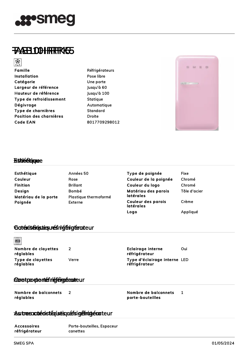 Page 1 de la notice Fiche technique Smeg FAB10HRPK5