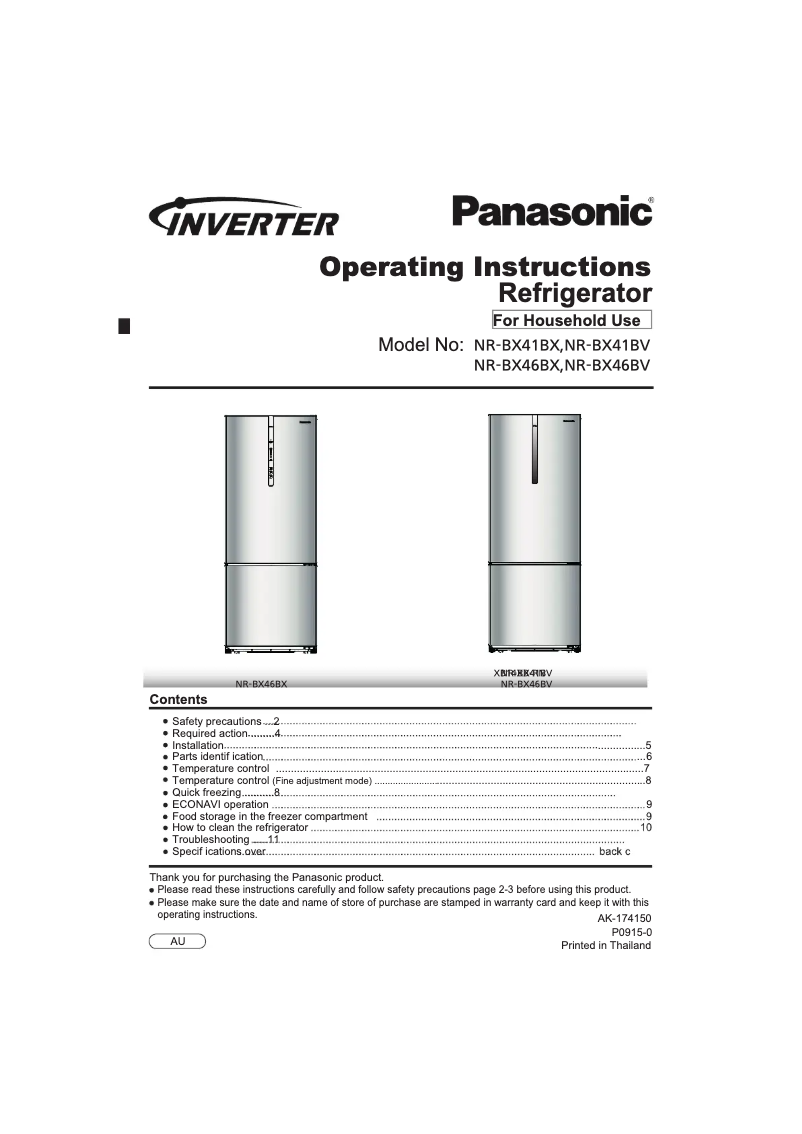 Page 1 de la notice Manuel utilisateur Panasonic NR-BX41BV