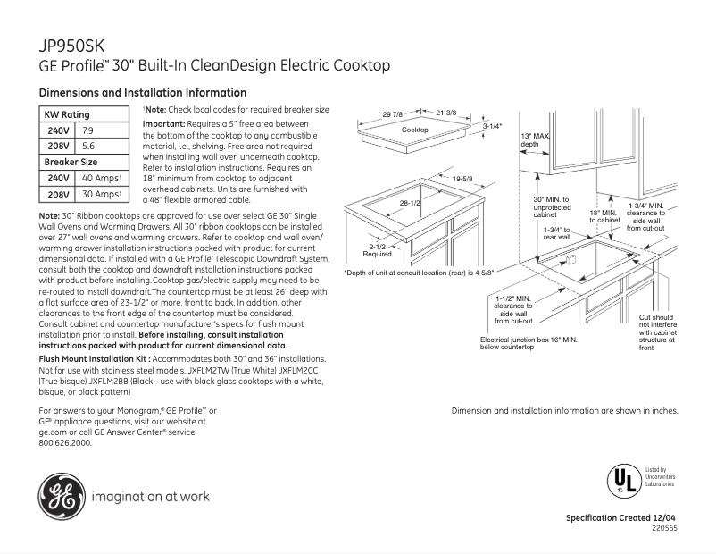 Page n°1 - Fiche technique GE JP950SKSS