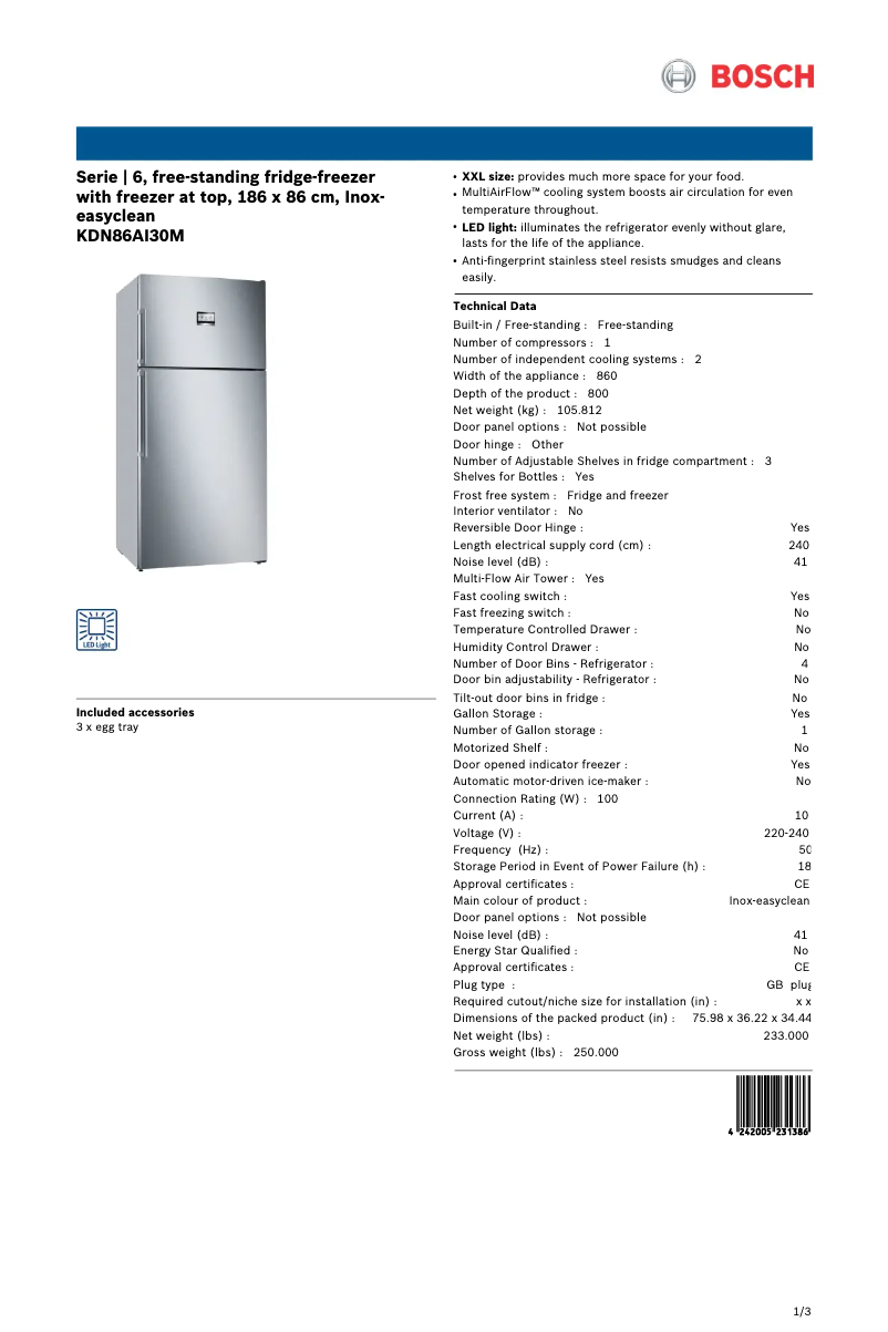 Page 1 de la notice Fiche technique Bosch KDN86AI30M