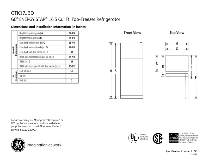 Page 1 de la notice Fiche technique GE GTK17JBDBS