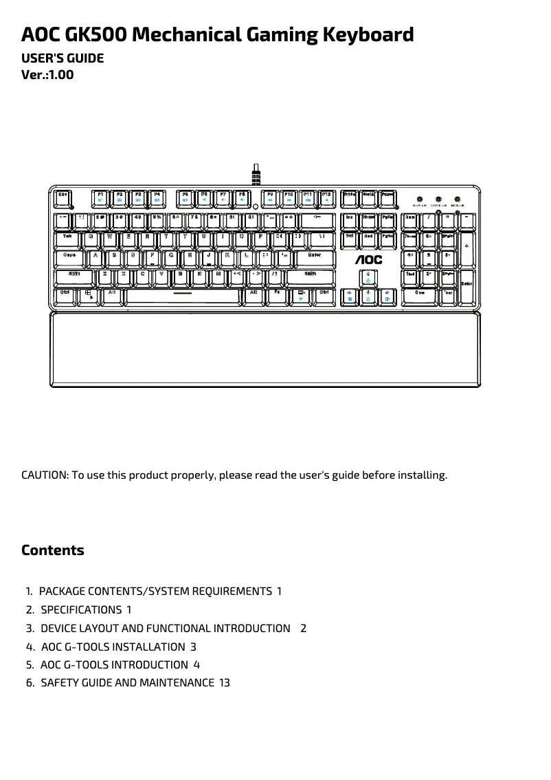 Page n°1 - Manuel utilisateur AOC GK500