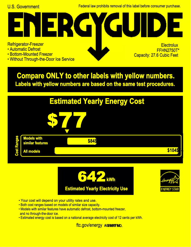 Página 1 del manual Etiqueta energética Frigidaire FFHN2750TS