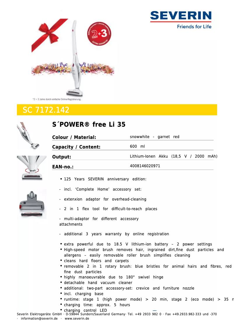 Page 1 de la notice Fiche technique Severin SC 7172.142