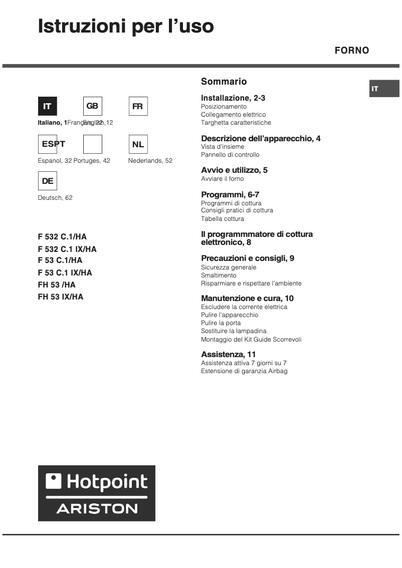 Page 1 de la notice Manuel utilisateur Hotpoint Ariston F 532 C.1 HA