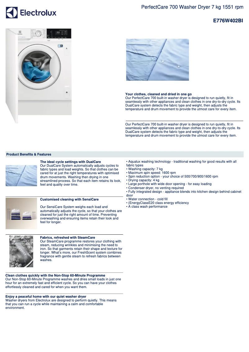 Page 1 de la notice Fiche technique Electrolux E776W402BI