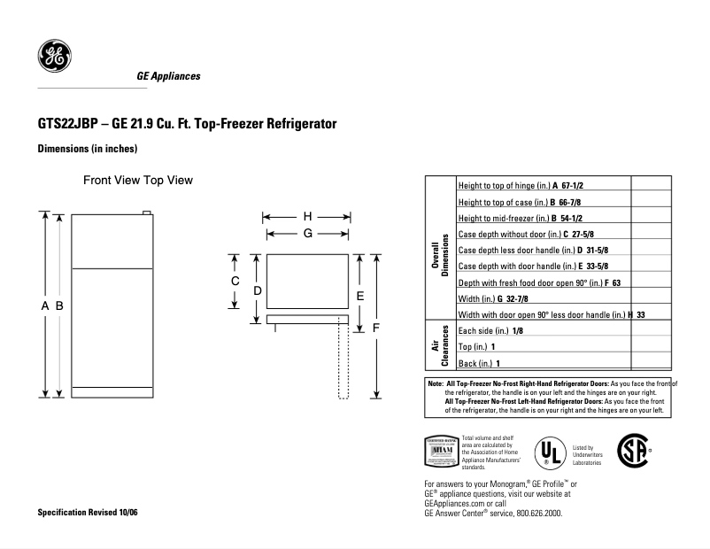 Page 1 de la notice Fiche technique GE GTS22JBPCC