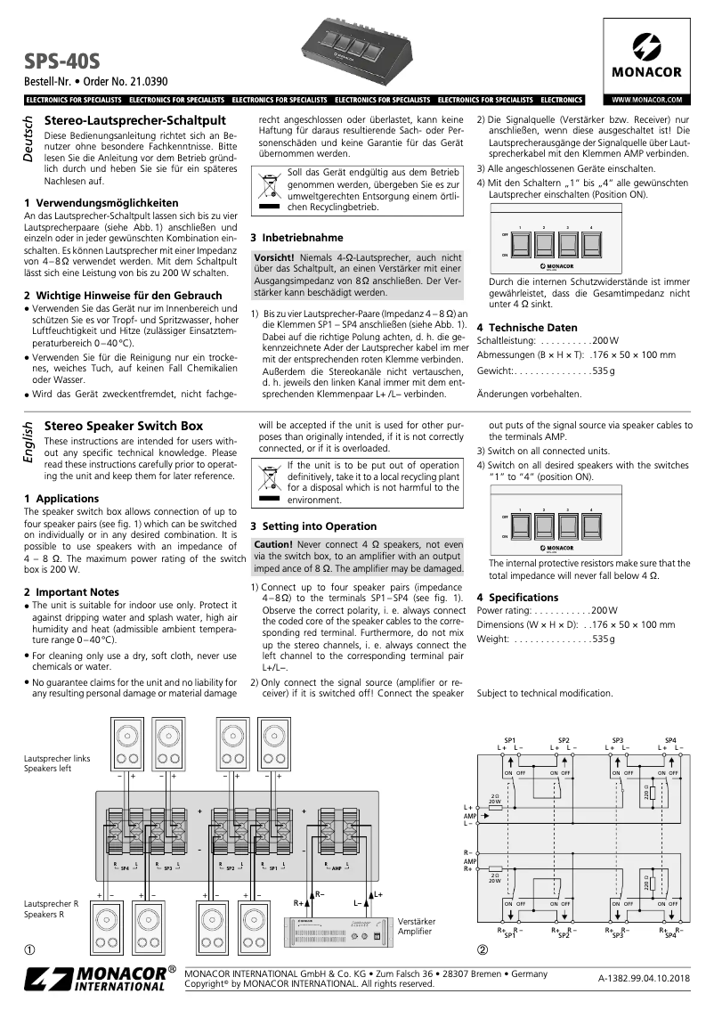 Page 1 de la notice Manuel utilisateur Monacor SPS-40S